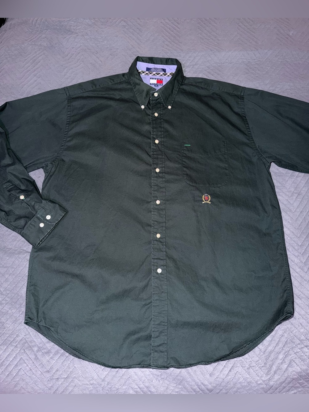 Men's Vintage 90s Tommy Hilfiger Crest Logo Button Down Shirt XL Green